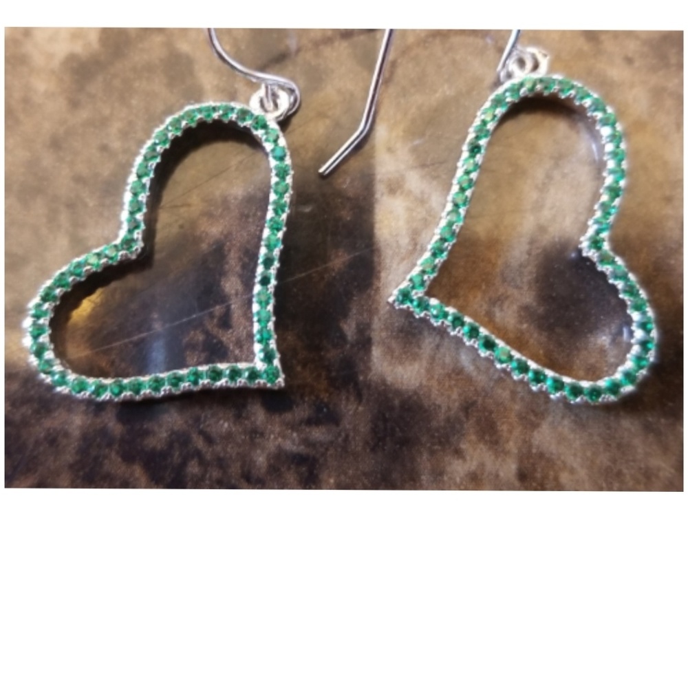 Genuine Emerald Quartz Heart Earrings 1" long